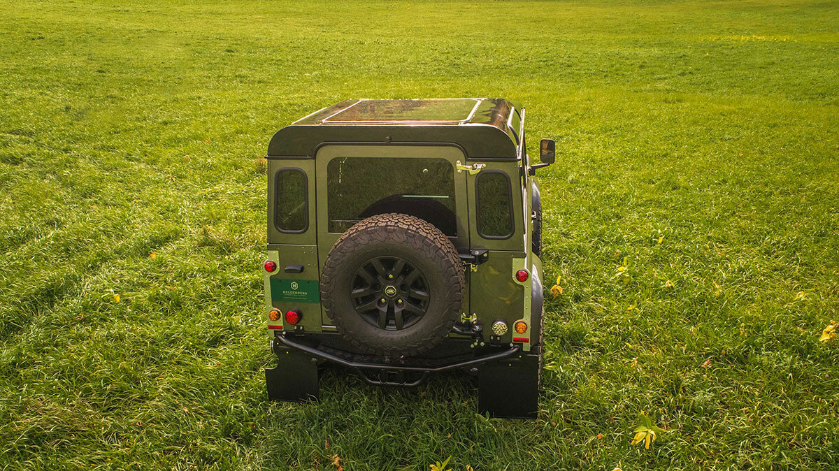 Land Rover Defender D90: Exterior Drone Shot Rear View