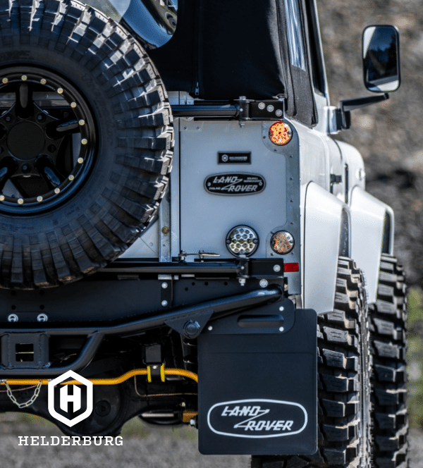 rugged custom defender - land Rover and Helderburg rear badge detail