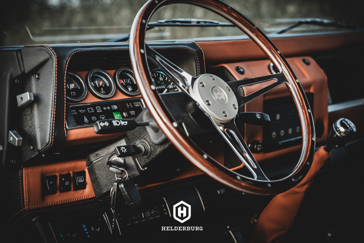 Land Rover Defender Interior: Full Leather Dash and Wood Steering Wheel