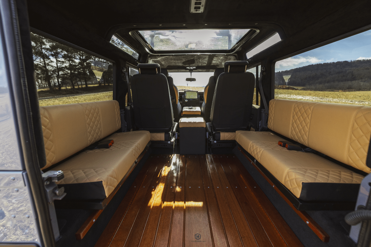 Land Rover Defender Interior: Wood Floor and Single Glass Roof