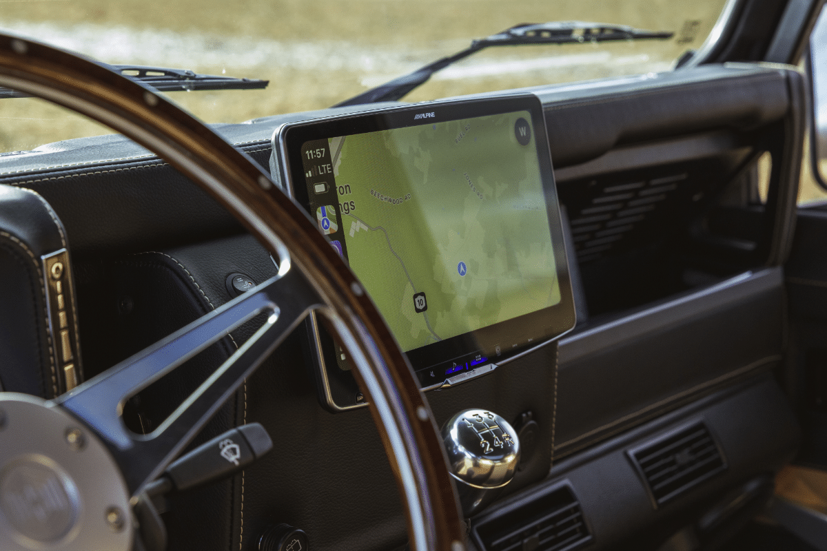 Land Rover Defender Interior: Ipad and Wood Steering Wheel