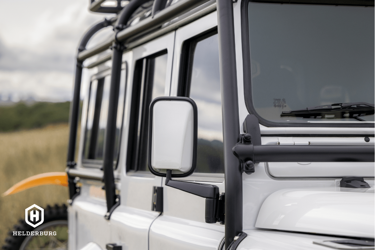 Restored Land Rover Defender 110 - mirror arms and roll bar detail