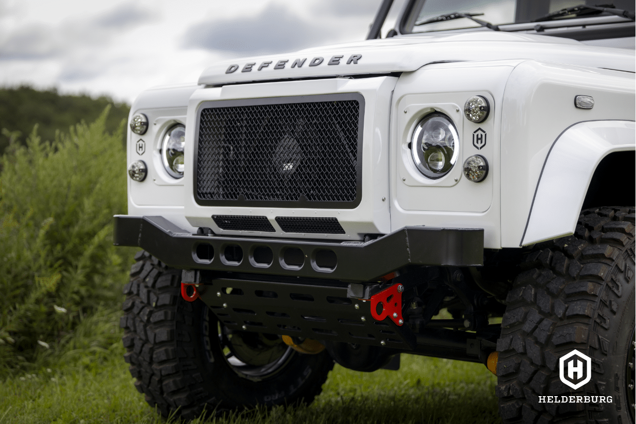 Restored Land Rover Defender 110 - front end detail view